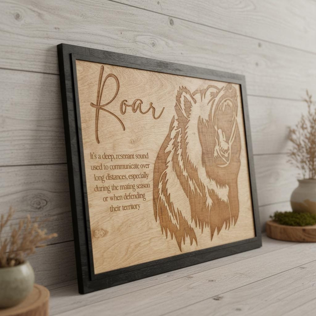 Grizzly Bear "Roar" Wall Art, Laser Engraved Wood Sign, Rustic Cabin Decor