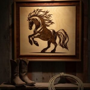 Rearing Stallion Wood Art, Laser Engraved Resin Inlay, Western Decor