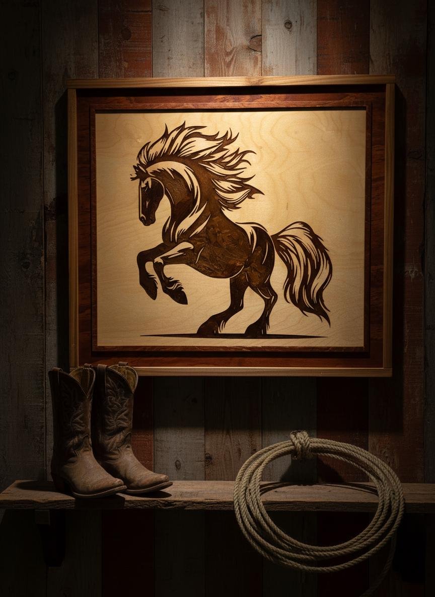Rearing Stallion Wood Art, Laser Engraved Resin Inlay, Western Decor
